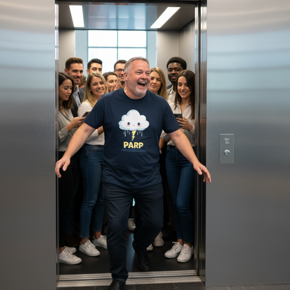 Man wearing a t-shirt with 'PARP' logo in an elevator with other people.
