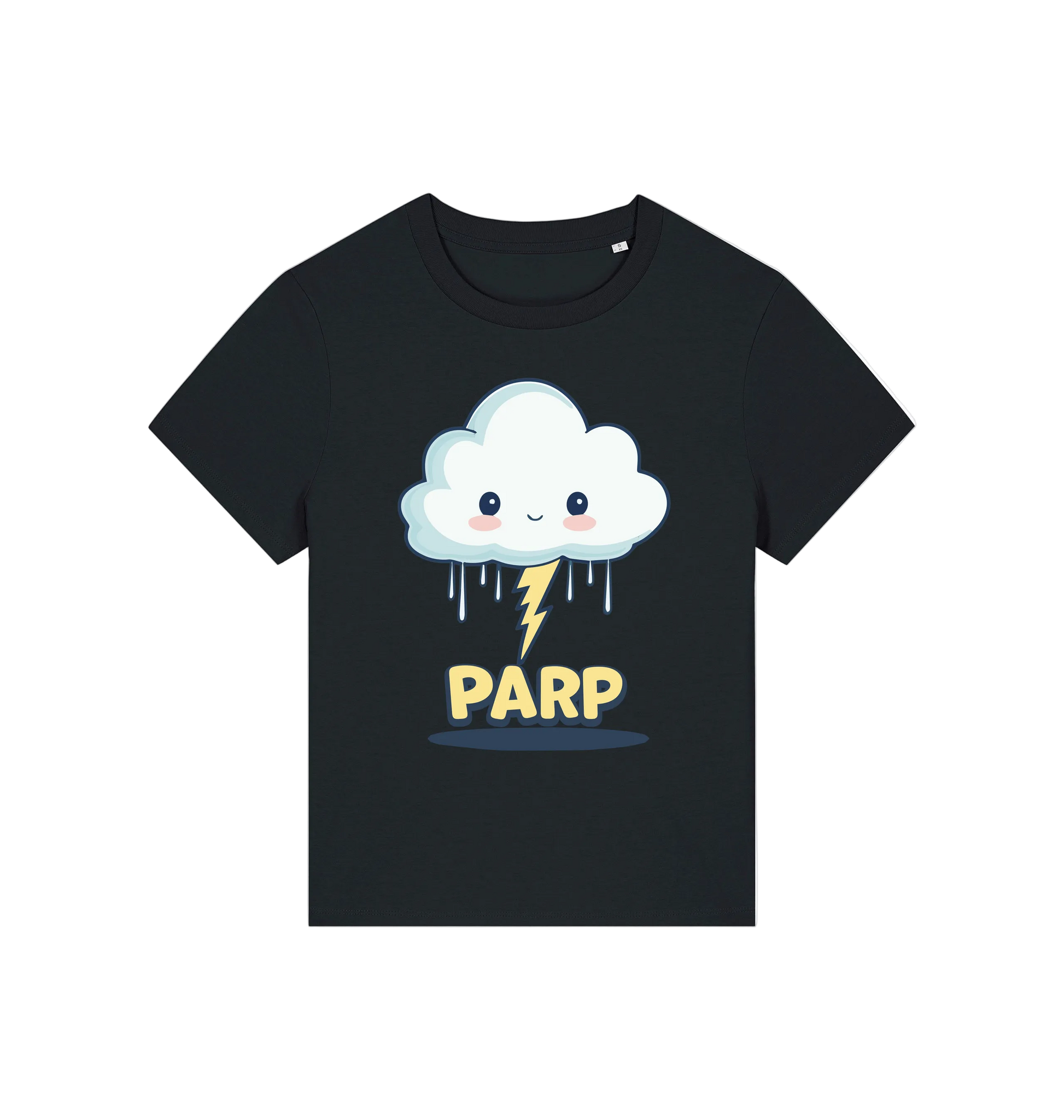 black kawaii t-shirt with the graphic of a cloud and the slogan 'parp'