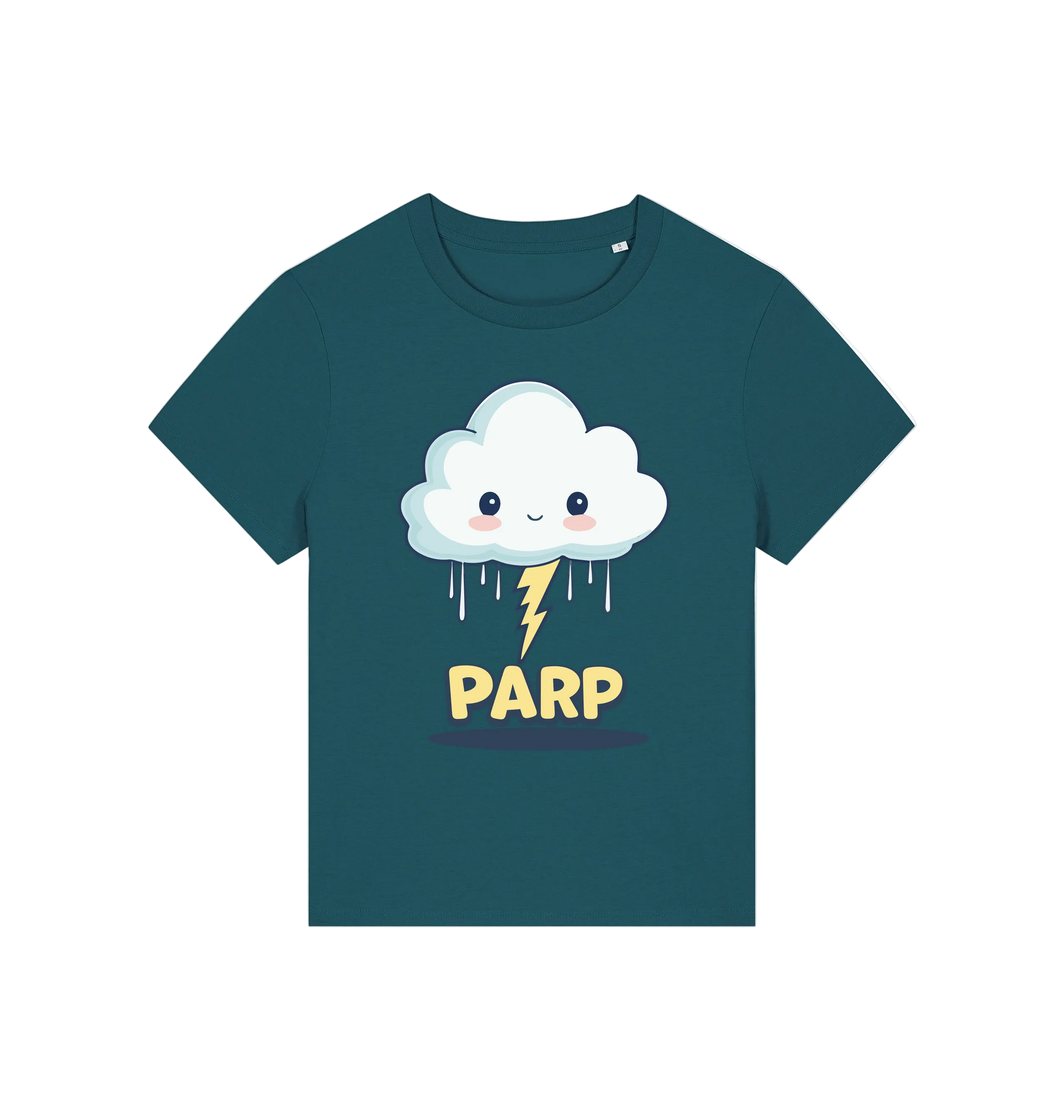 teal kawaii t-shirt with the graphic of a cloud and the slogan 'parp'