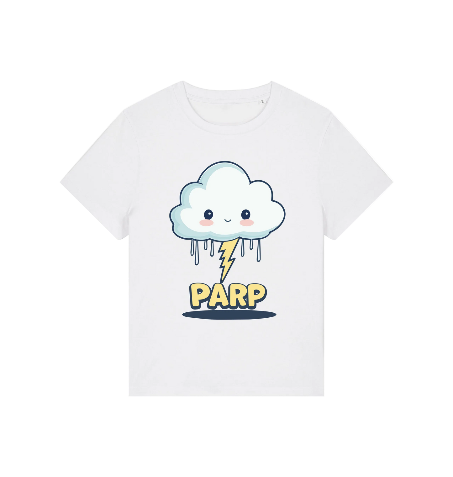 white kawaii t-shirt with the graphic of a cloud and the slogan 'parp'