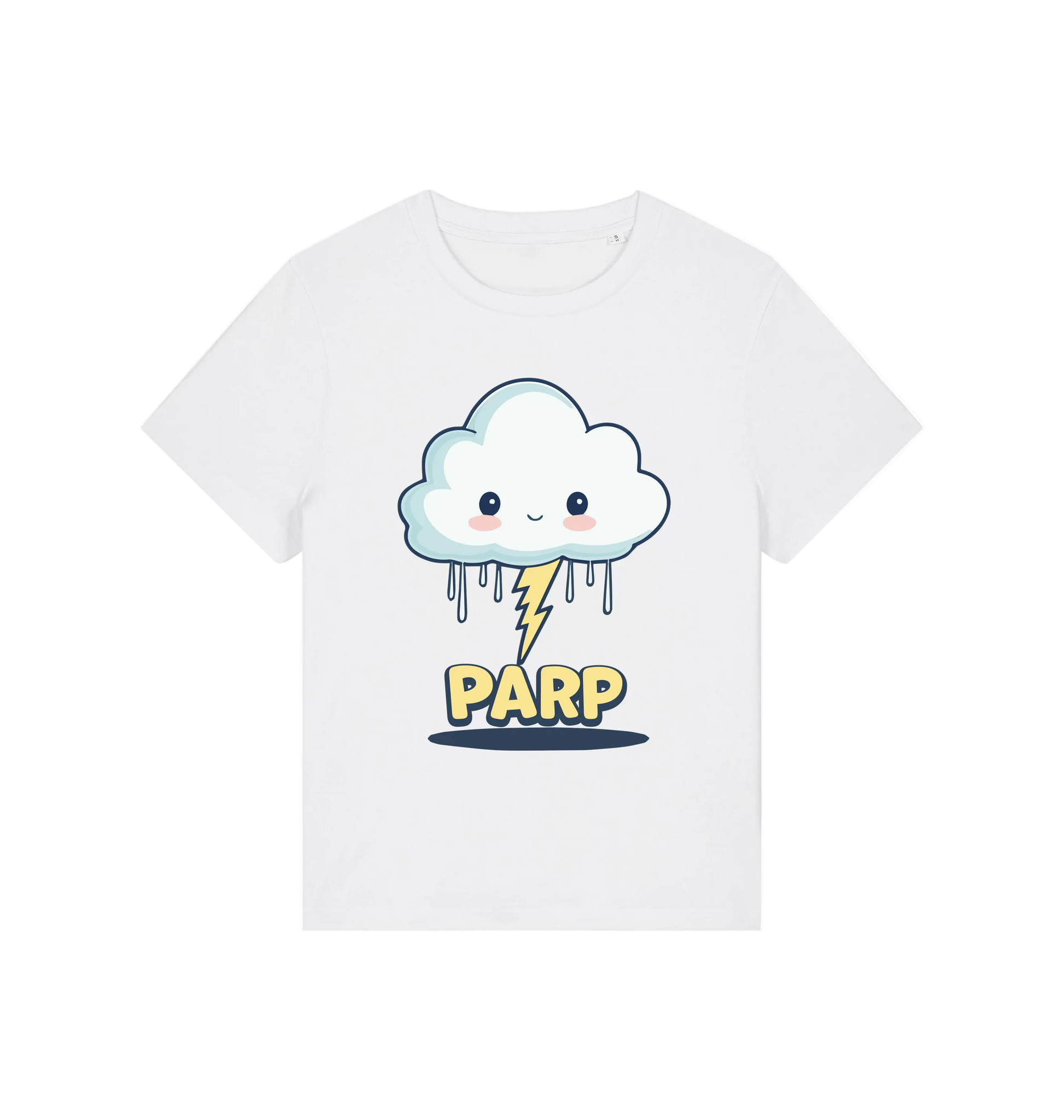 white kawaii t-shirt with the graphic of a cloud and the slogan 'parp'