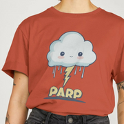 Red kawaii t-shirt with a cloud and lightning design labeled 'PARP' on a plain background