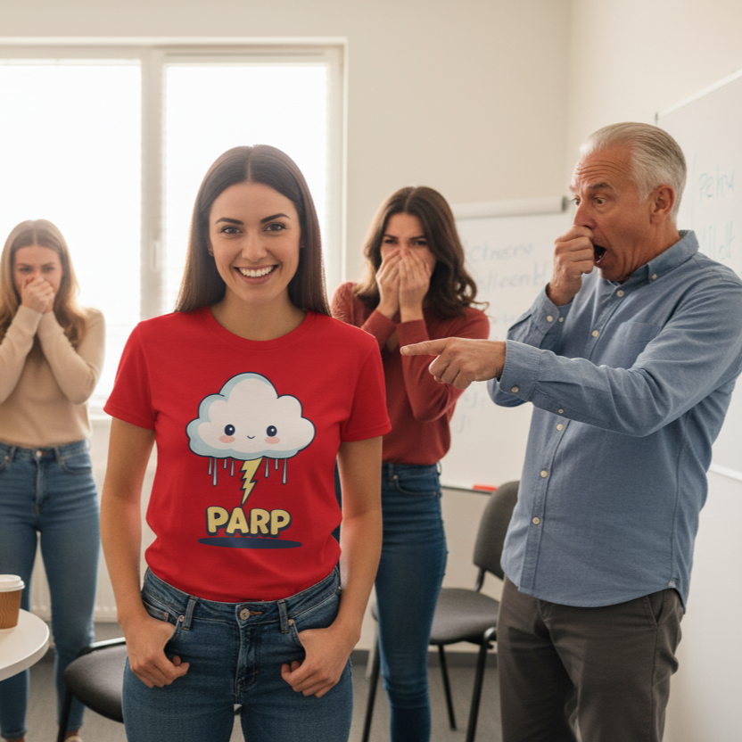 Person wearing a red t-shirt with a cloud and 'PARP' design, standing in front of three other people reacting.