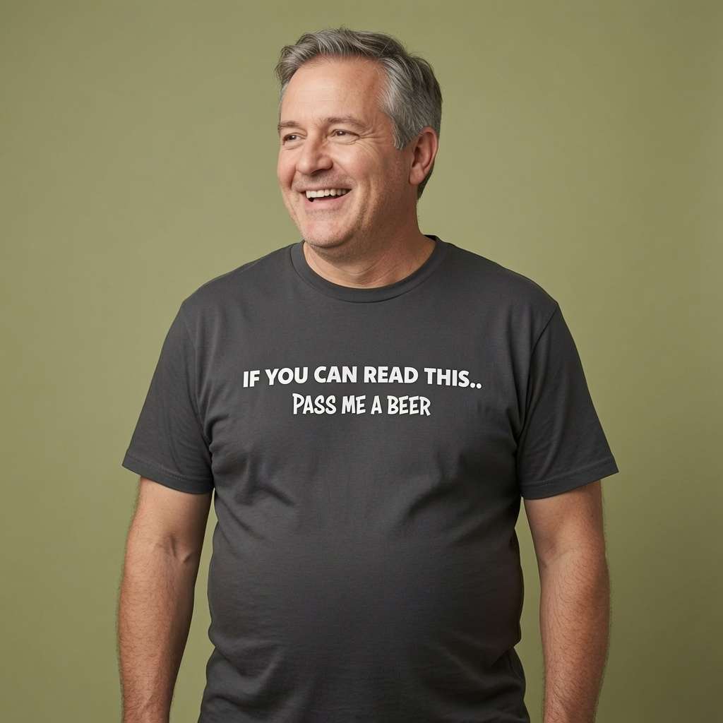 Man laughing while wearing a dark grey If You Can Read This... Pass Me A Beer t-shirt, funny beer banter slogan every dad will relate to