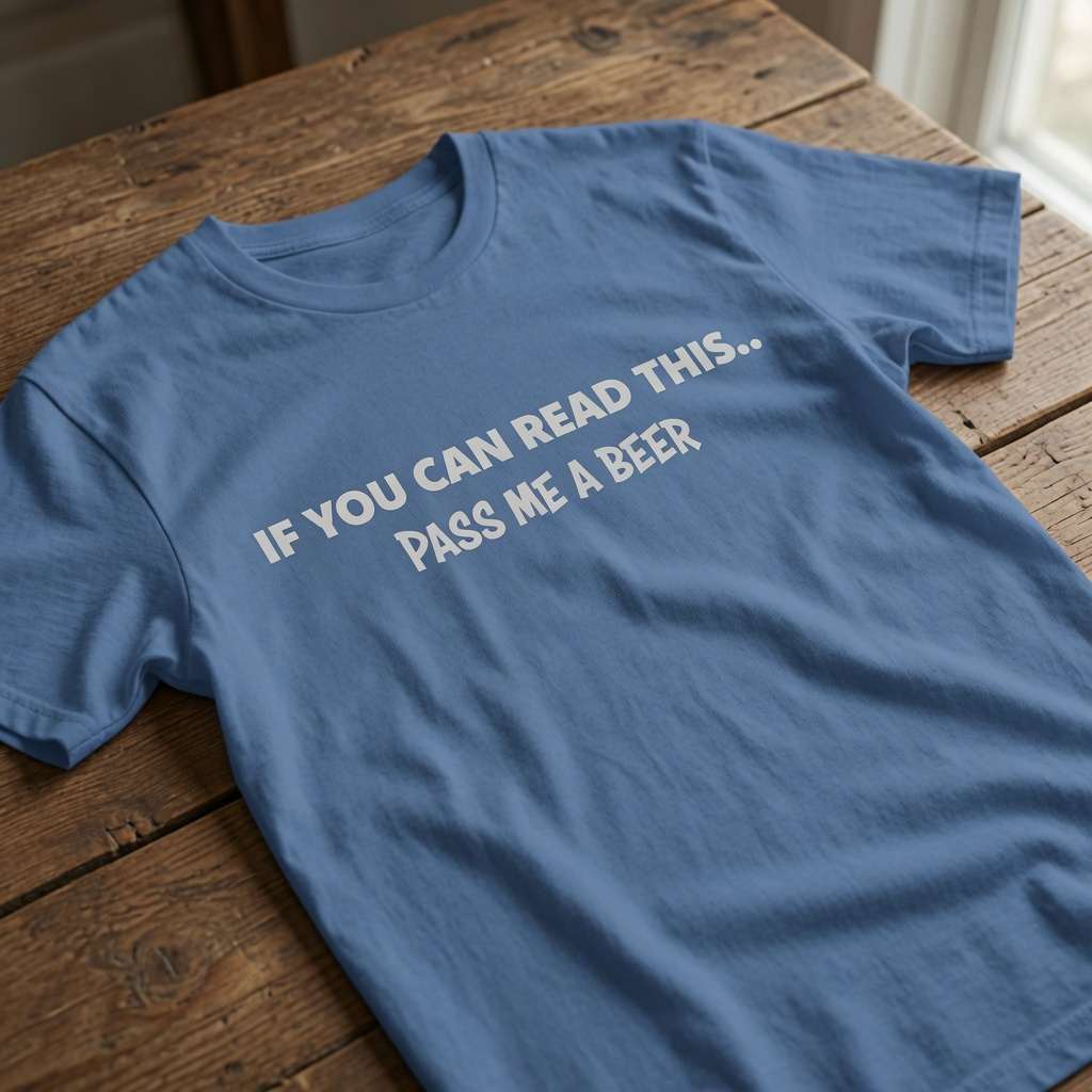 Blue t-shirt laid flat on a wooden table with the white slogan “If You Can Read This... Pass Me A Beer”, humorous ladies beer slogan perfect for pub banter