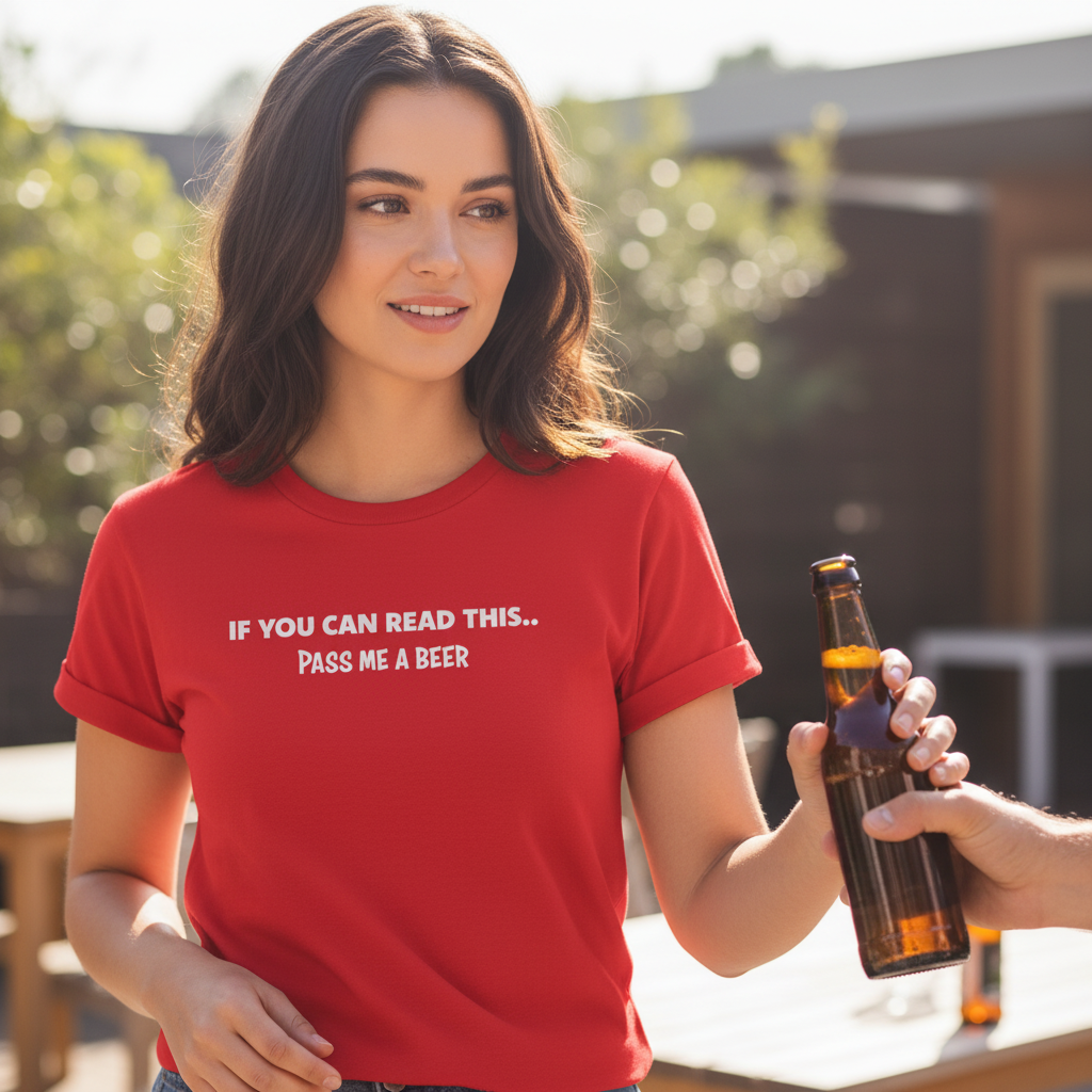 Woman wearing a red t-shirt with a humorous message, holding a beer bottle outdoors.