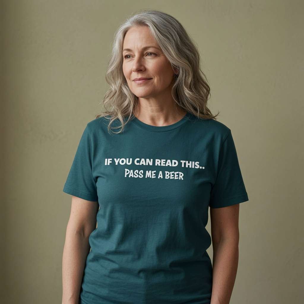 Woman with grey hair looking calmly to the side while wearing a teal If You Can Read This... Pass Me A Beer t-shirt, hilarious ladies beer banter design