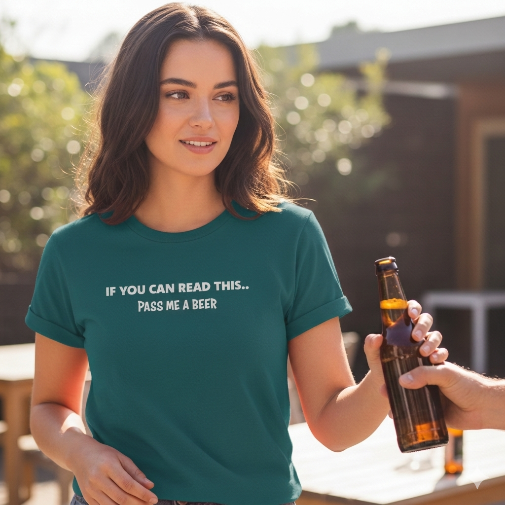Woman wearing a green t-shirt with a humorous message, holding a beer bottle outdoors.