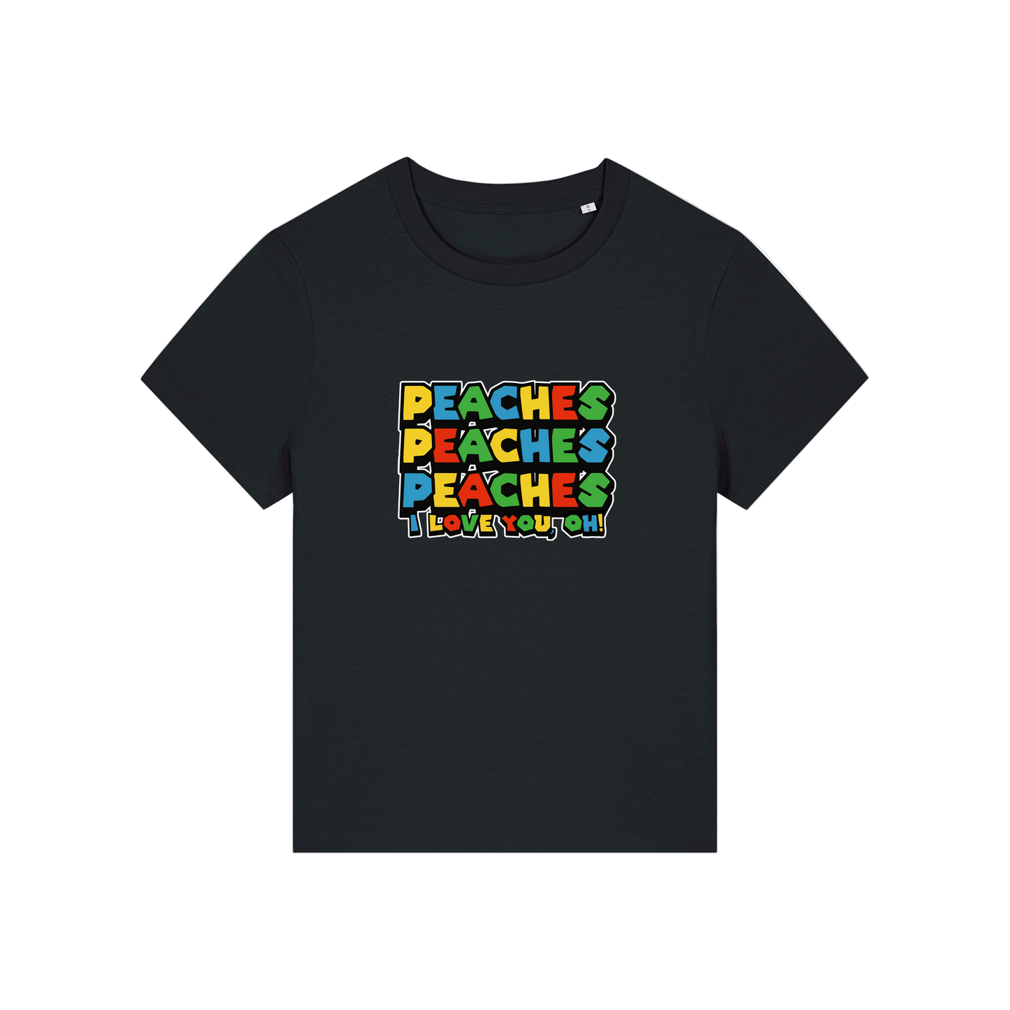 black movie t-shirt with the slogan 'peaches, peaches, peaches, i love you'