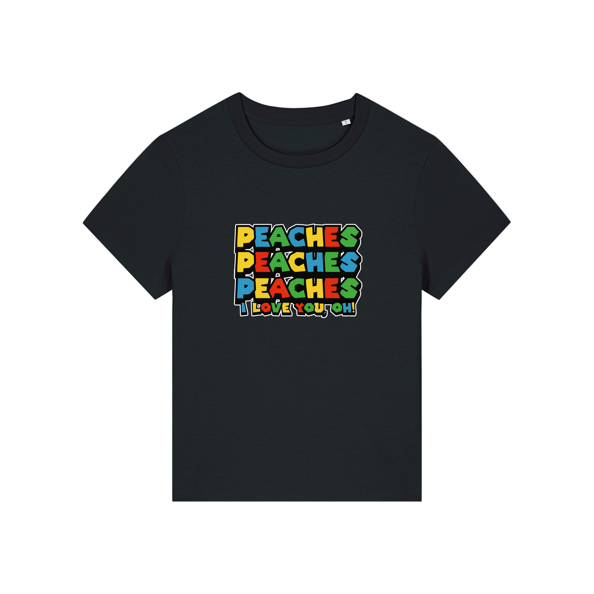 black movie t-shirt with the slogan 'peaches, peaches, peaches, i love you'