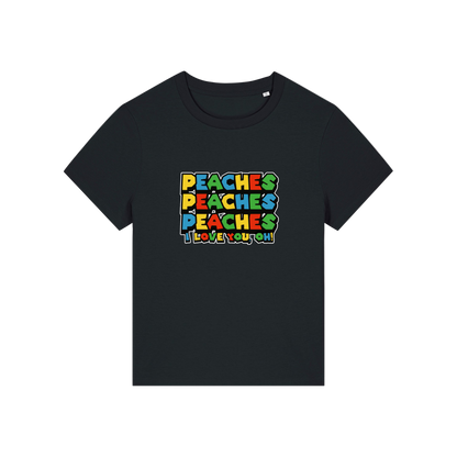 black movie t-shirt with the slogan 'peaches, peaches, peaches, i love you'