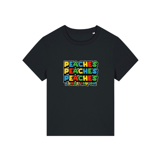 black movie t-shirt with the slogan 'peaches, peaches, peaches, i love you'