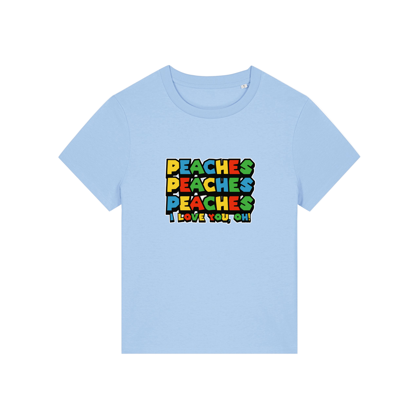 light blue movie t-shirt with the slogan 'peaches, peaches, peaches, i love you'