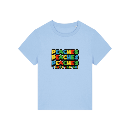 light blue movie t-shirt with the slogan 'peaches, peaches, peaches, i love you'