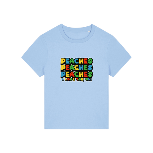 light blue movie t-shirt with the slogan 'peaches, peaches, peaches, i love you'