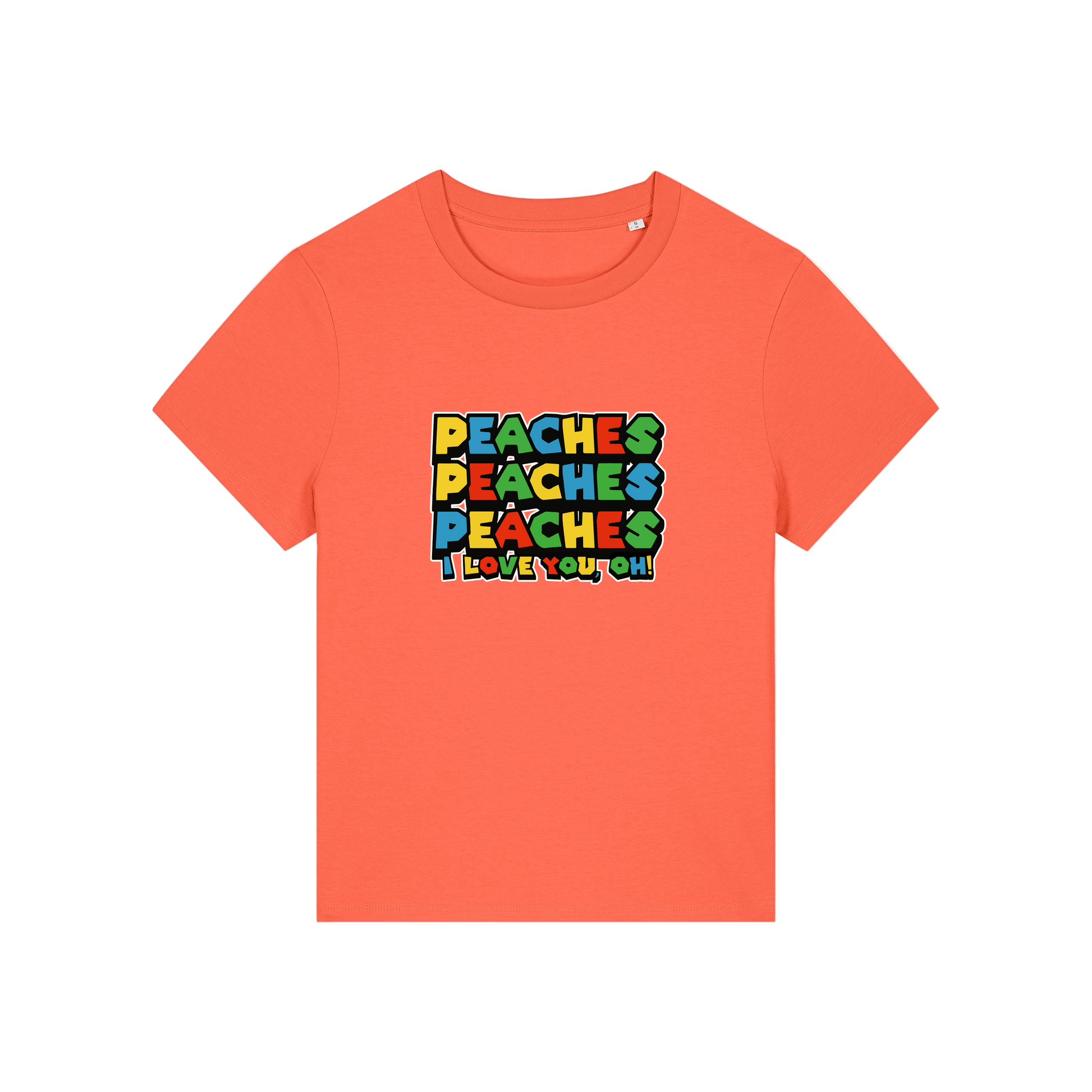 orange movie t-shirt with the slogan 'peaches, peaches, peaches, i love you'