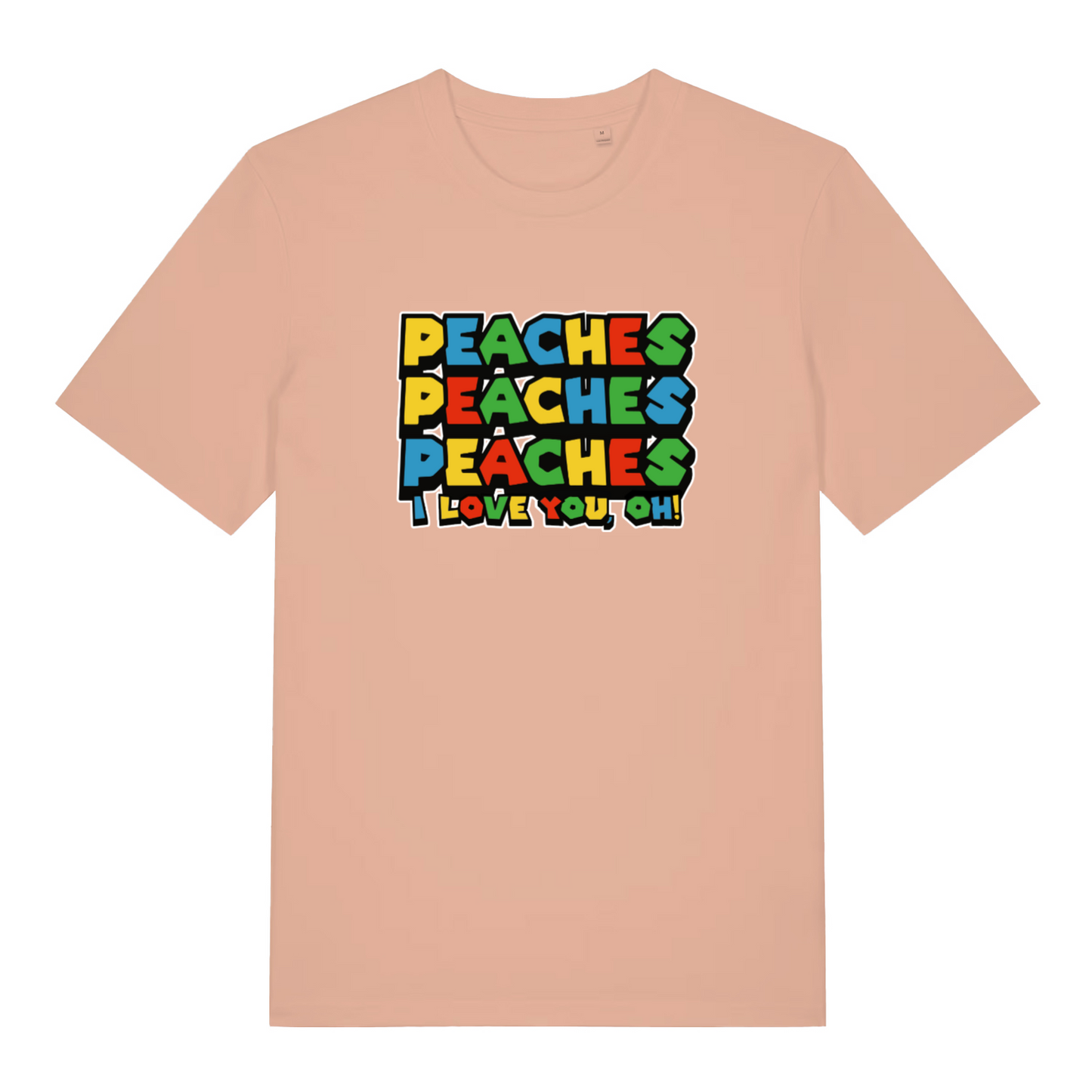 peach women's movie t-shirt with the slogan 'peaches peaches peaches i love you'