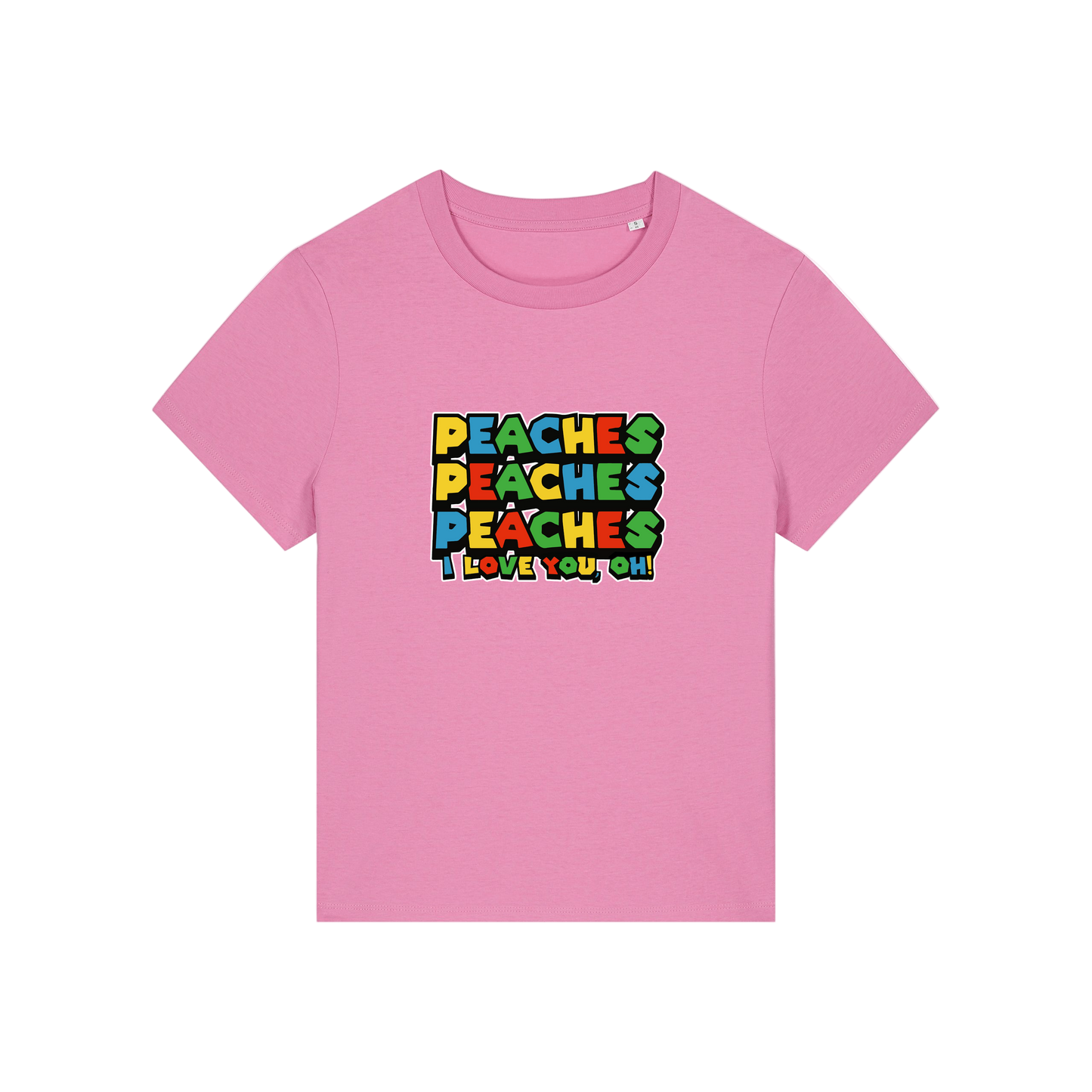 pink movie t-shirt with the slogan 'peaches, peaches, peaches, i love you'