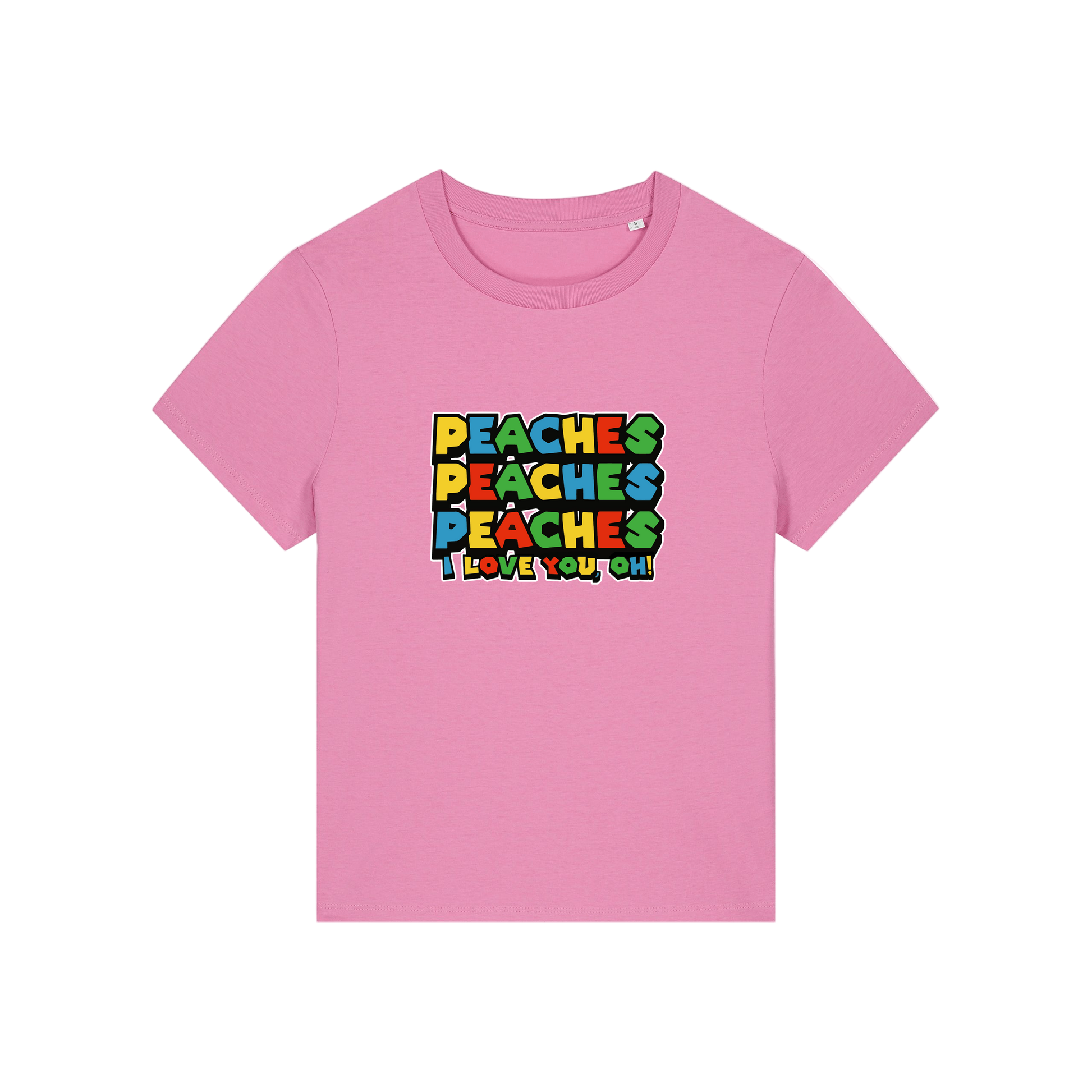 pink movie t-shirt with the slogan 'peaches, peaches, peaches, i love you'