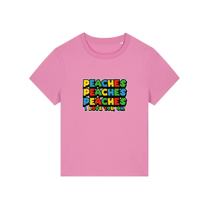 pink movie t-shirt with the slogan 'peaches, peaches, peaches, i love you'