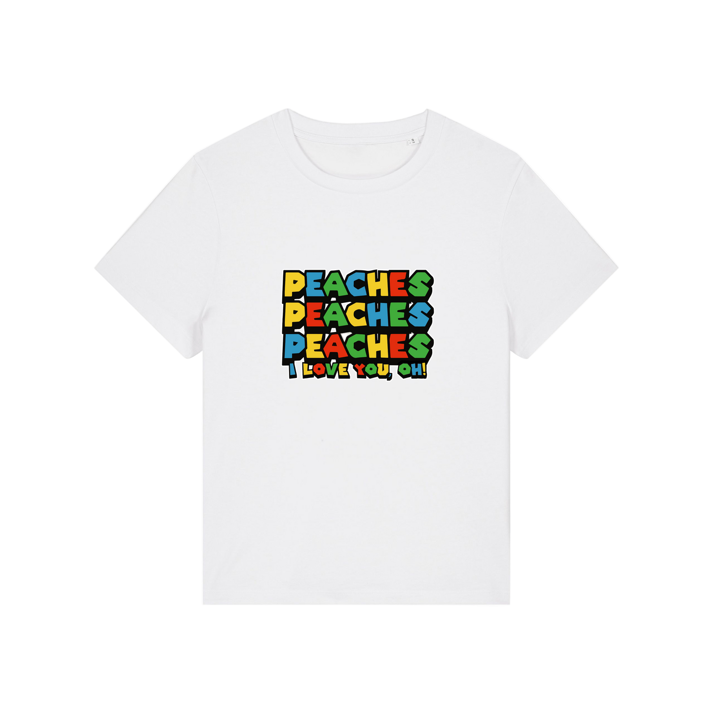 white movie t-shirt with the slogan 'peaches, peaches, peaches, i love you'