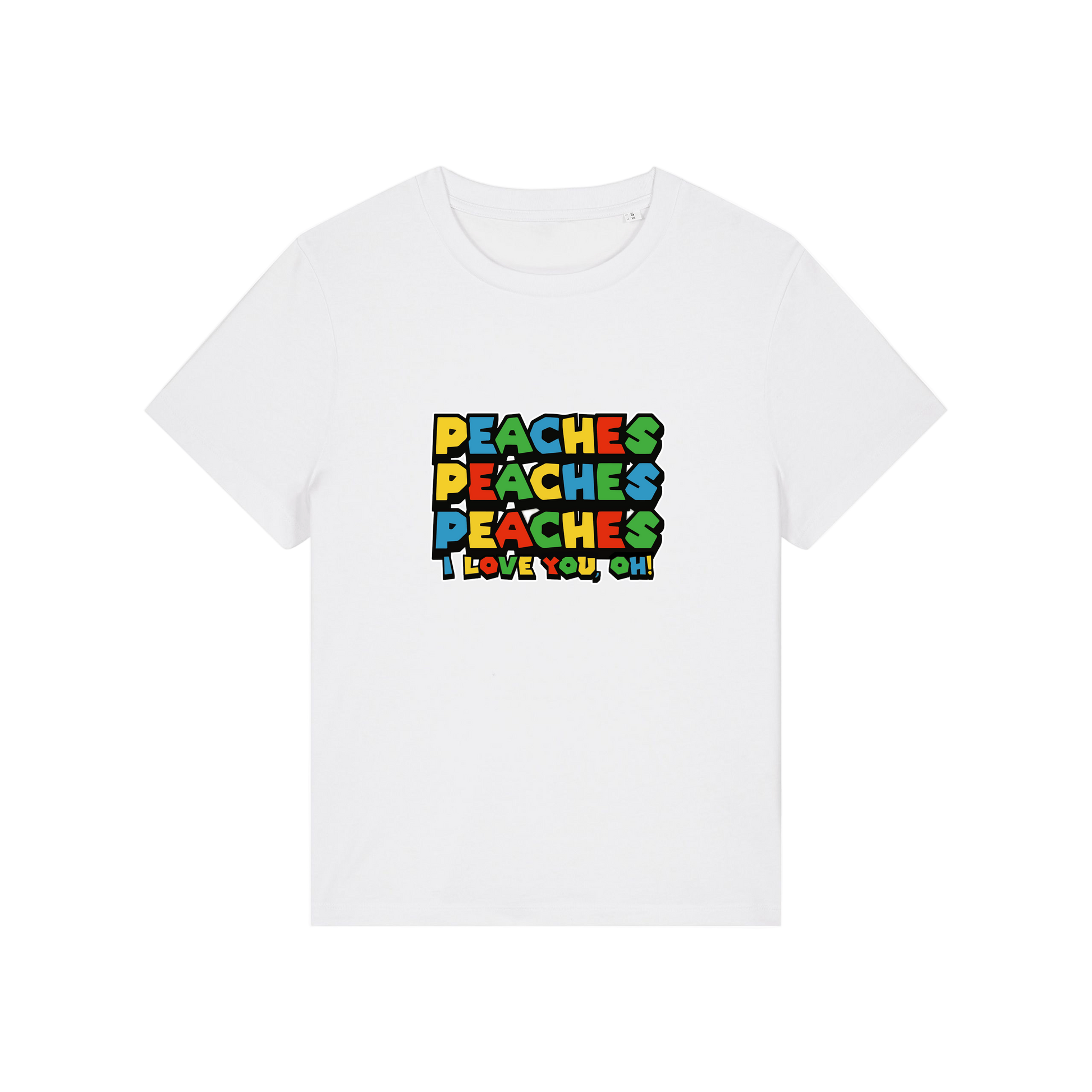 white movie t-shirt with the slogan 'peaches, peaches, peaches, i love you'