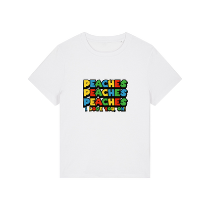 white movie t-shirt with the slogan 'peaches, peaches, peaches, i love you'