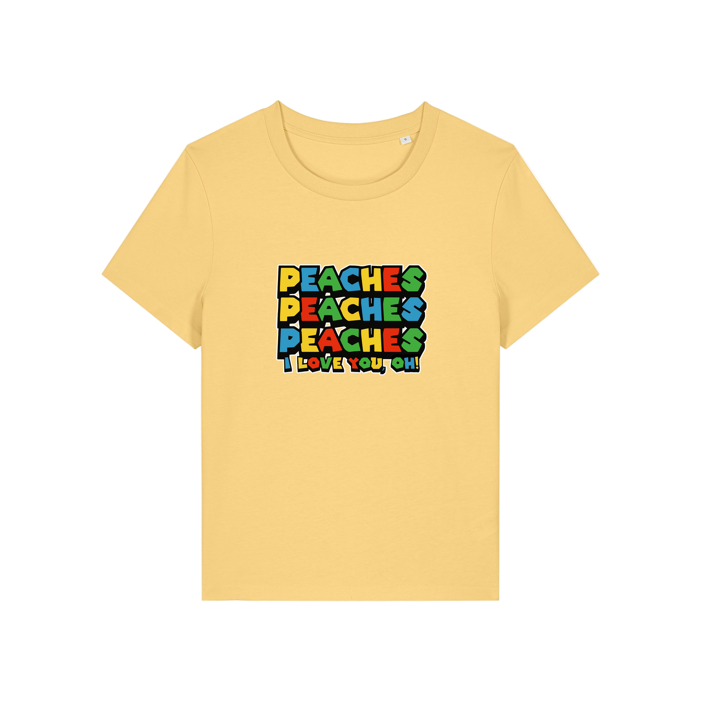 yellow movie t-shirt with the slogan 'peaches, peaches, peaches, i love you'
