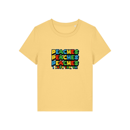 yellow movie t-shirt with the slogan 'peaches, peaches, peaches, i love you'