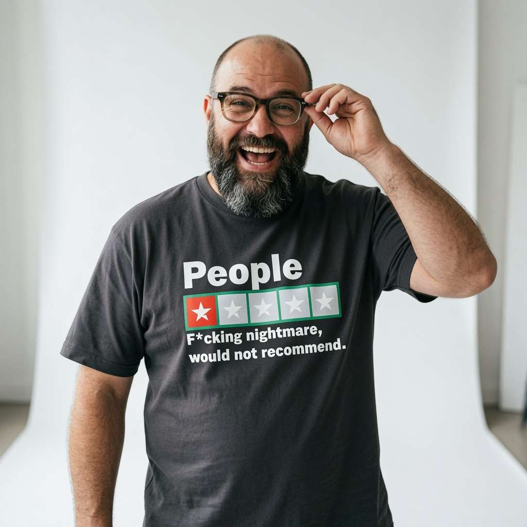 Bearded man laughing and adjusting his glasses while wearing a black People – F*cking nightmare, would not recommend t-shirt, funny and offensive review banter every cynic will claim