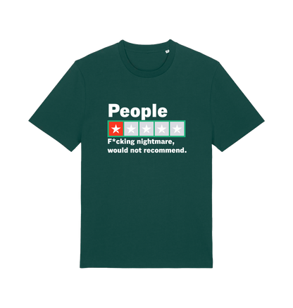 green funny slogan t-shirt with a one star rating graphic and the slogan 'people fucking nightmare, wouldn't recommend'