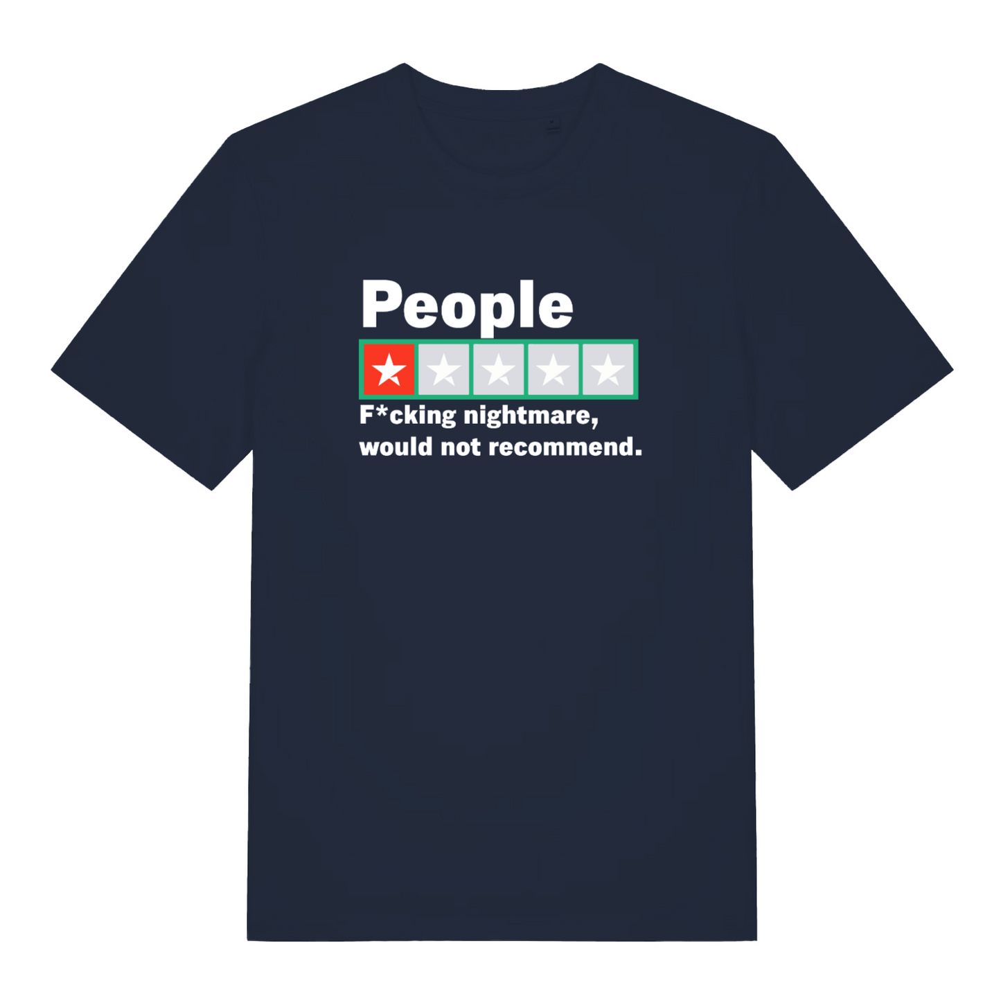 navy funny slogan t-shirt with a trust pilot rating one star design