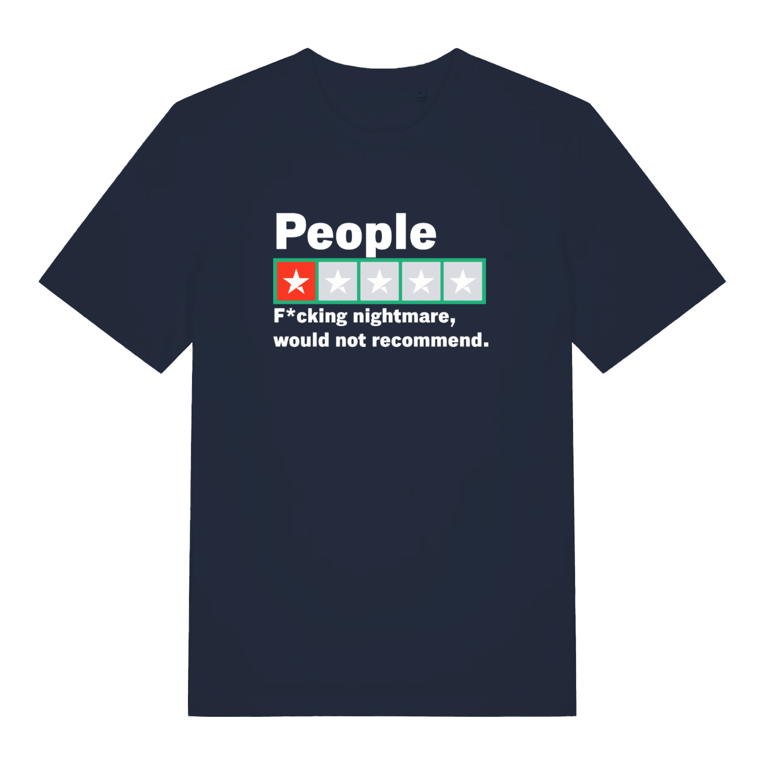 navy funny slogan t-shirt with a trust pilot rating one star design