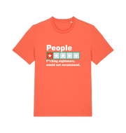 orange funny slogan t-shirt with a one star rating graphic and the slogan 'people fucking nightmare, wouldn't recommend'