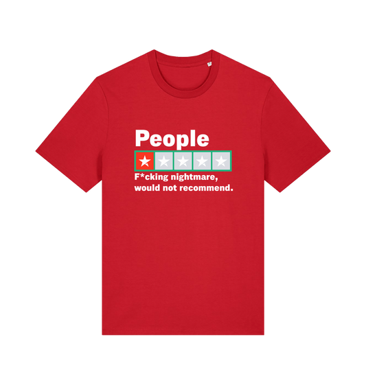 red funny slogan t-shirt with a one star rating graphic and the slogan 'people fucking nightmare, wouldn't recommend'