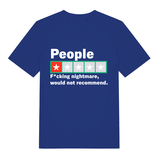 Blue People 1 Star Review funny slogan t-shirt featuring one-star people review  