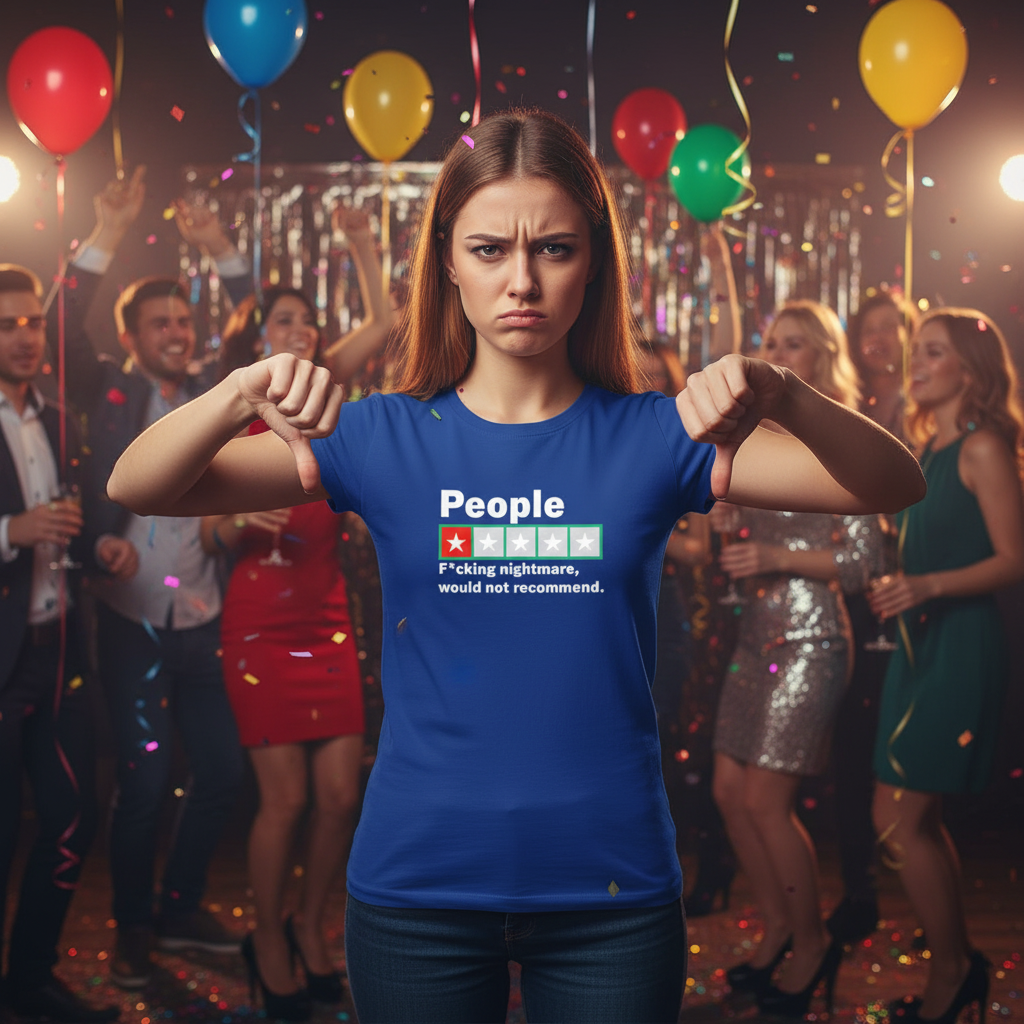Woman wearing a blue t-shirt with text at a party with balloons and people in the background