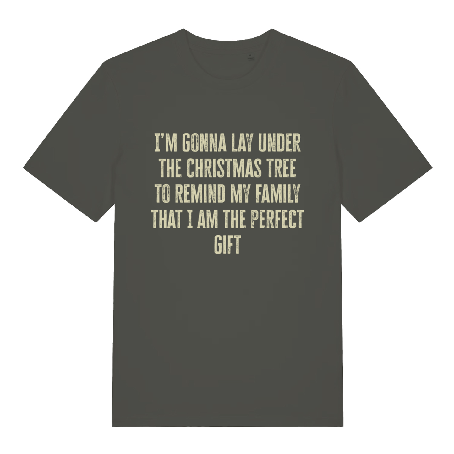 Khaki Perfect Gift Under The Tree funny Christmas slogan t-shirt with bold cream text  
