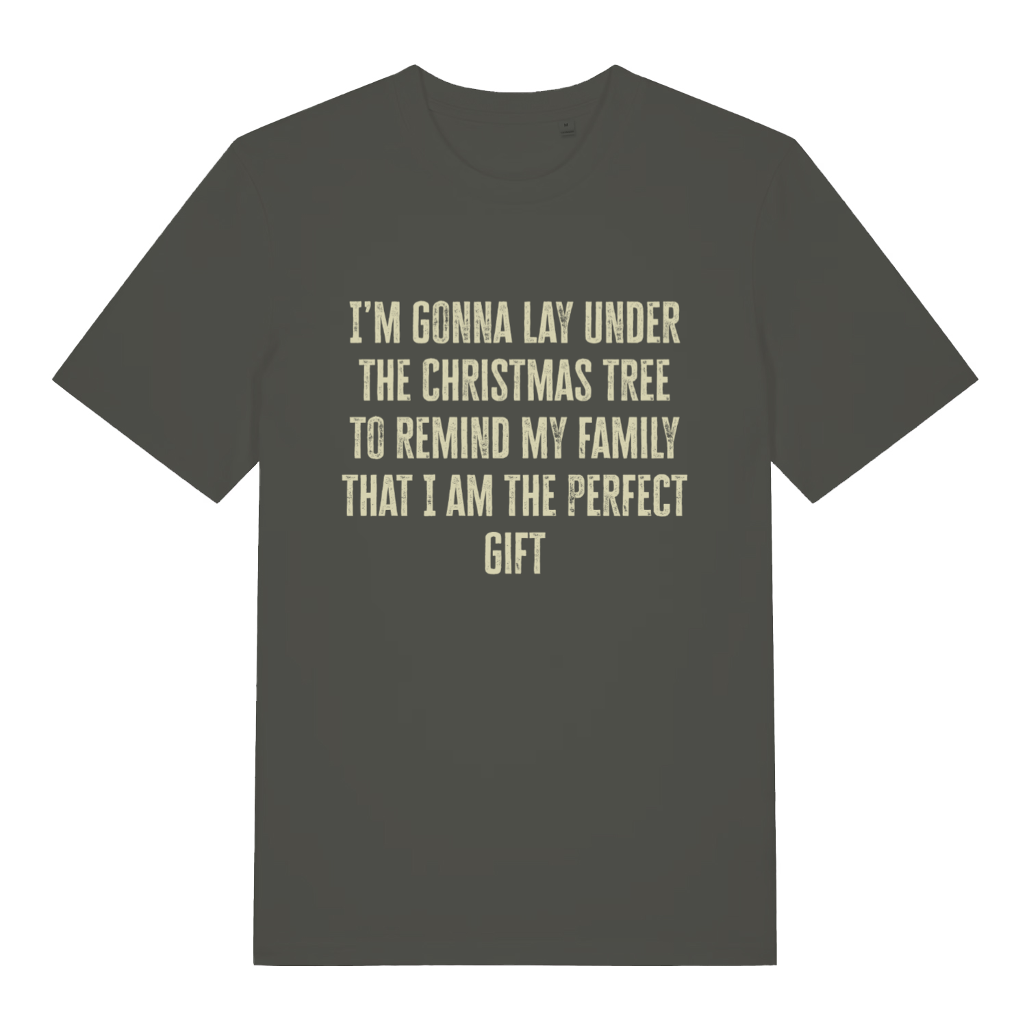 Khaki Perfect Gift Under The Tree funny Christmas slogan t-shirt with bold cream text  