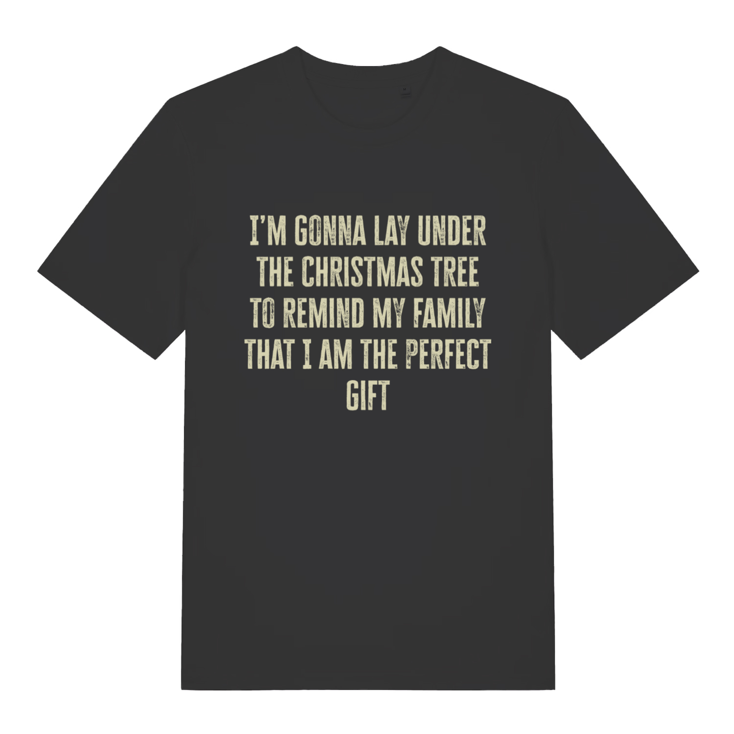 Black Perfect Gift Under The Tree funny Christmas slogan t-shirt with classic festive text  