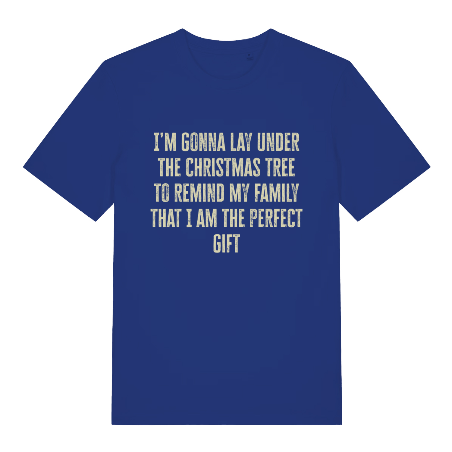 Blue Perfect Gift Under The Tree funny Christmas slogan t-shirt featuring humorous Xmas design  