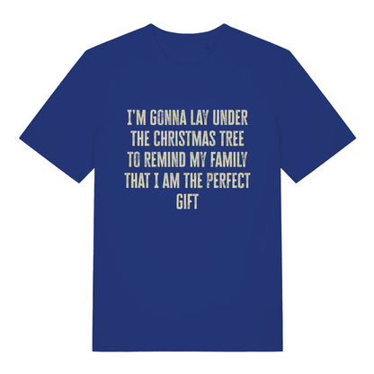 Blue Perfect Gift Under The Tree funny Christmas slogan t-shirt featuring humorous Xmas design  
