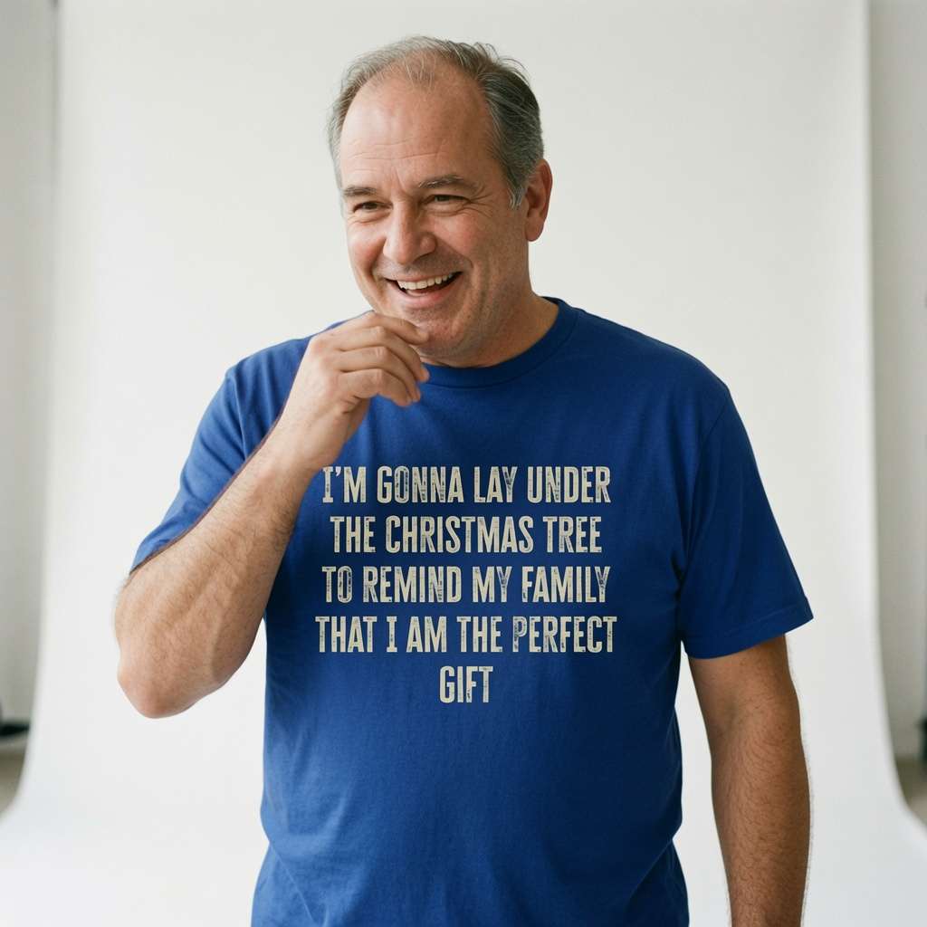 Man smiling with one hand near his chin while wearing a blue I’m Gonna Lay Under The Christmas Tree t-shirt, funny mens witty Christmas day slogan full of pure ego