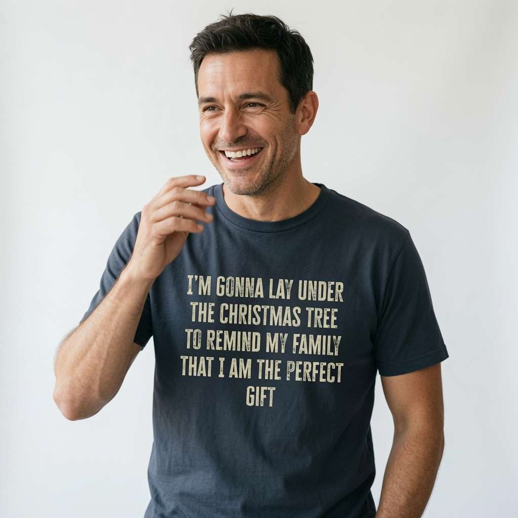 Man laughing with one hand near his face in a dark ink grey I’m Gonna Lay Under The Christmas Tree t-shirt, funny xmas day slogan that every family will recognise