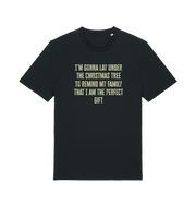 black christmas t-shirt with the slogan 'i'm gonna lay under the christmas tree to remind my family that i am the perfect gift'
