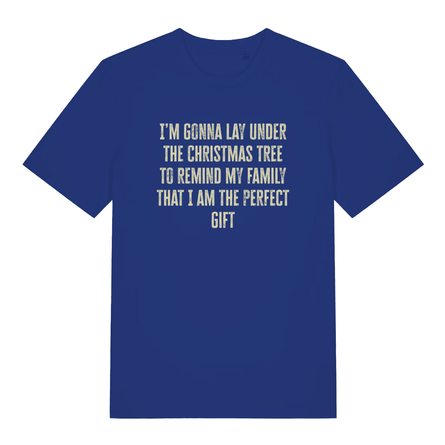 blue christmas slogan t-shirt with the text 'i'm gonna lay under the christmas tree to remind my family that i am the perfect gift'