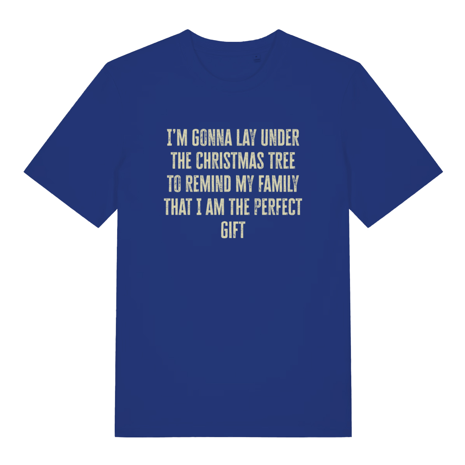 blue christmas slogan t-shirt with the text 'i'm gonna lay under the christmas tree to remind my family that i am the perfect gift'