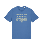 blue christmas t-shirt with the slogan 'i'm gonna lay under the christmas tree to remind my family that i am the perfect gift'