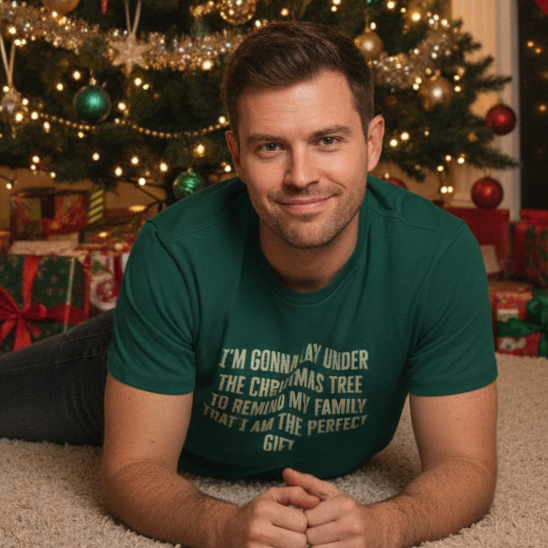 Man wearing a green t-shirt with Christmas-themed text, sitting in front of a decorated Christmas tree.