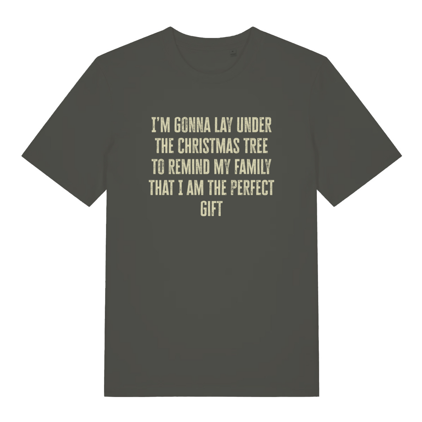 khaki christmas slogan t-shirt with the text 'i'm gonna lay under the christmas tree to remind my family that i am the perfect gift'